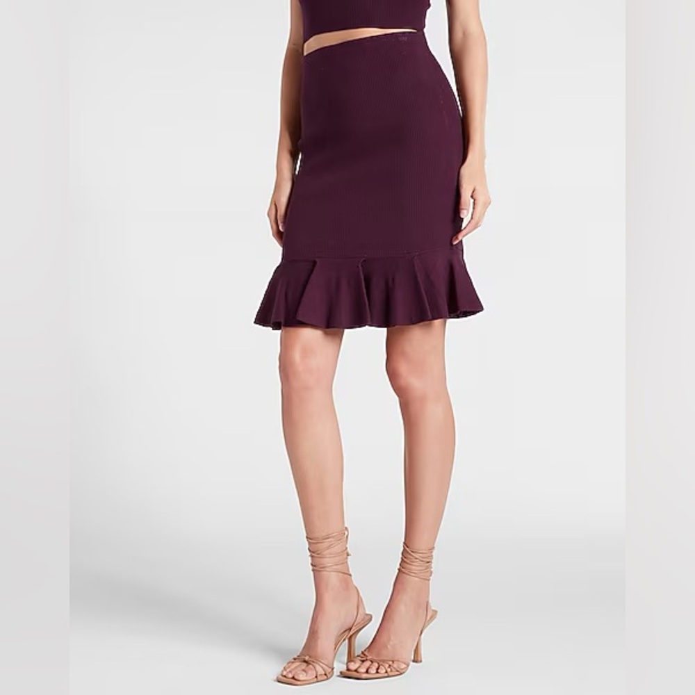 Express Dark Purple High Waisted Ribbed Body Contour Ruffle Sweater Skirt Size S
